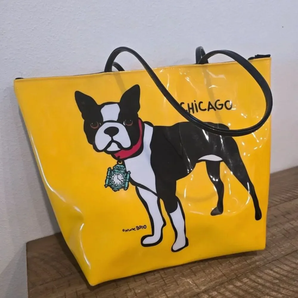 Marc Tetro Chicago Boston Terrier Yellow Patent Tote Bag Dog Graphic Handbag